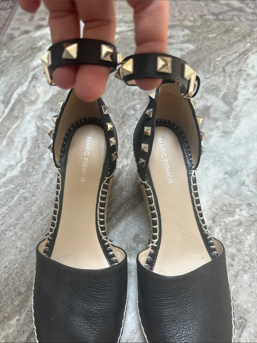 Marc Fisher Black Leather Espadrille Wedge Studded Close Toe Sandals Size 8.5